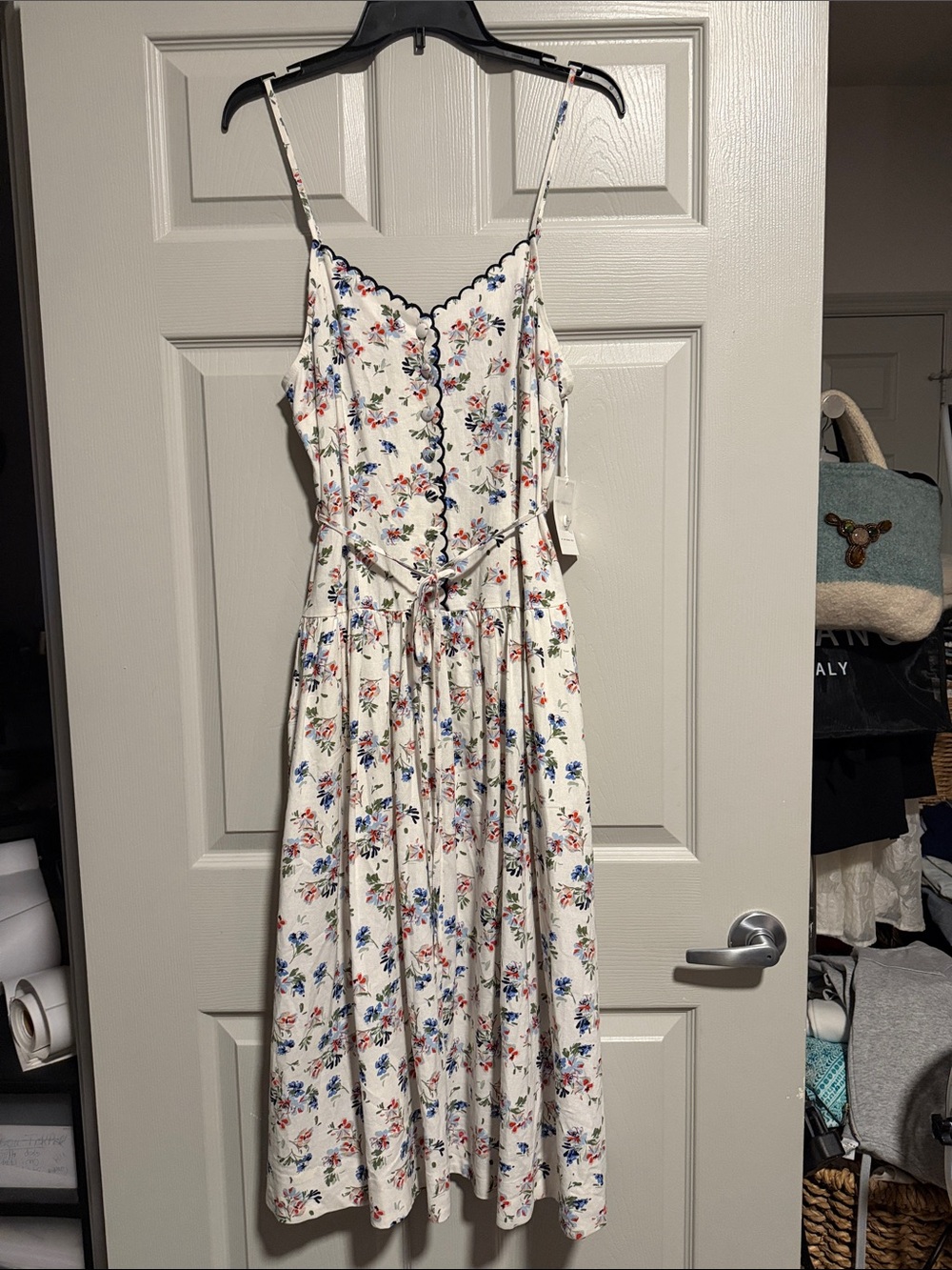 Floral Scallop-Trim White Midi Sundress